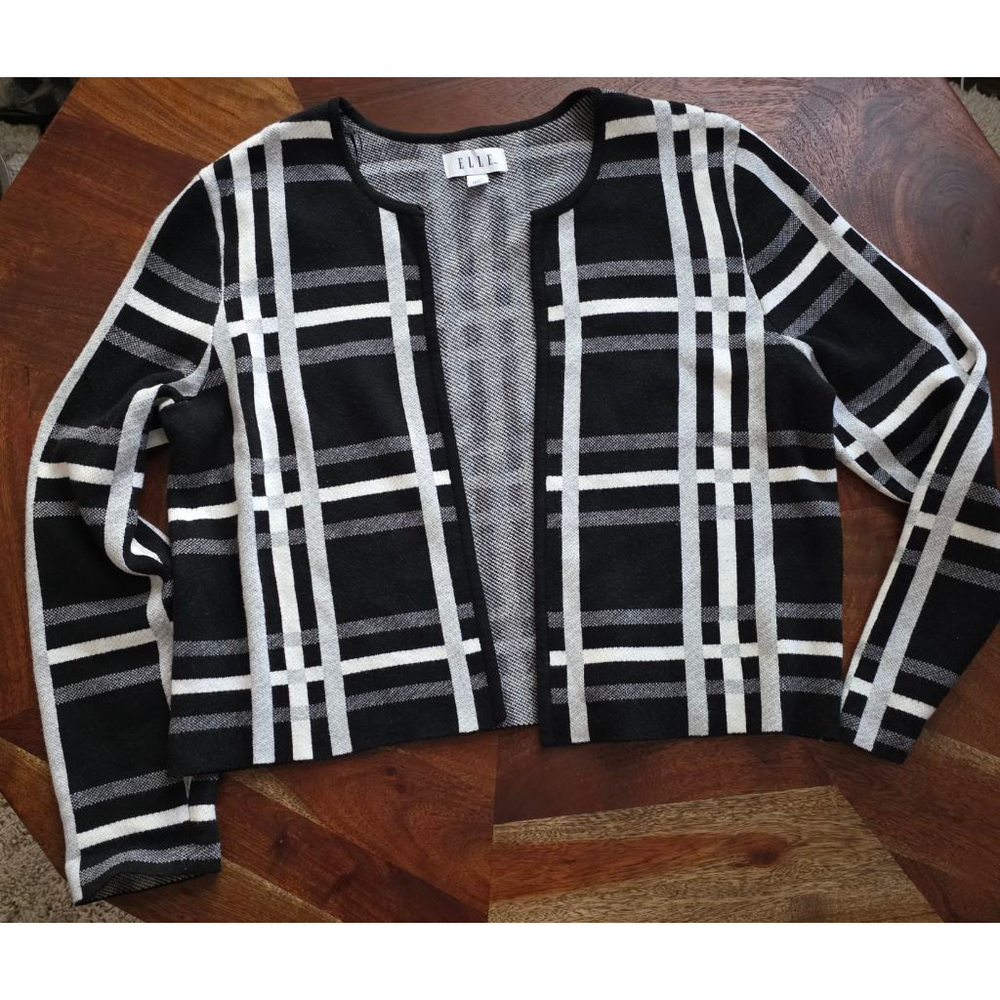 Women's ELLE Black White Plaid Open Front Cardigan Sweater XL